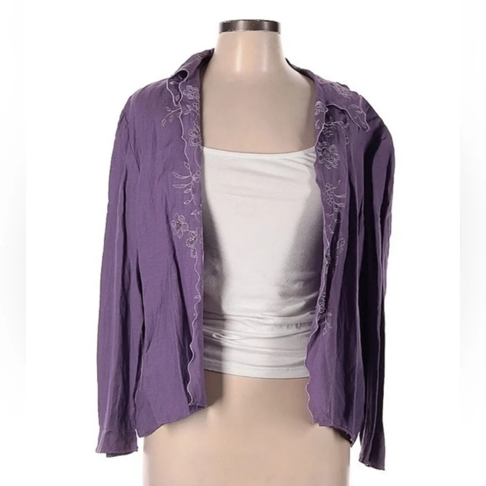 Vintage Coldwater Creek Y2K Purple Linen Embroidered Open Front Cardigan Size 18